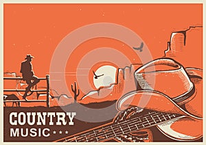 American country music poster with cowboy hat and guitar on land