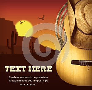 American Country music poster.Western background with guitar and