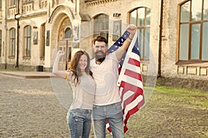 American couple USA flag. Patriotic spirit. Independence day. American tradition. Students exchange program. National