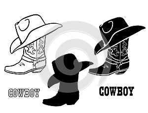 American Cowboy boots and hat. Vector set graphic illustration of western cloth isolated on white