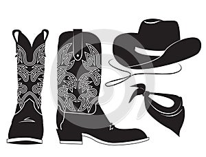 American cowboy clothes. Vector black graphic illustration of western boot cowboy hat and bandanna isolated on white