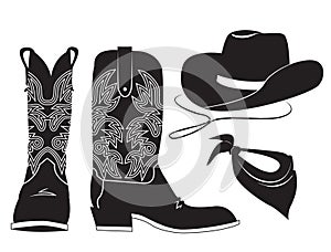 American cowboy clothes. Vector black graphic illustration of western boot cowboy hat and bandanna isolated on white photo