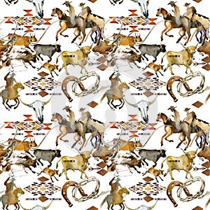 American cowboy and cows seamless pattern. Running horse. Wild west. watercolor tribal texture. Western illustration.