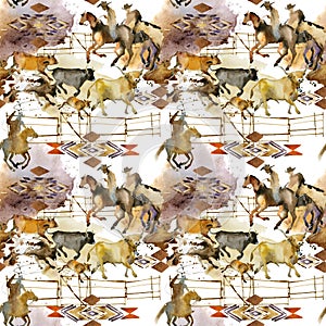 American cowboy and cows seamless pattern. Running horse. Wild west. watercolor tribal texture. Western illustration.