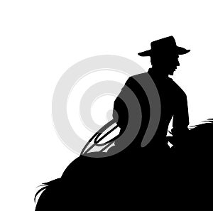 American cowboy with lasso riding horse black vector silhouette outline