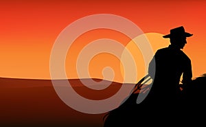 American cowboy with lasso riding horse vector silhouette outline against sunset sky