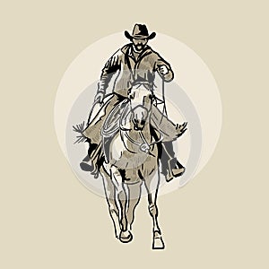 American cowboy riding horse. Hand drawn illustration. Hand sketch. Illustration.