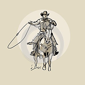 American cowboy riding horse and throwing lasso. Hand drawn illustration. Hand sketch. Illustration.