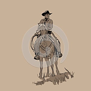 American cowboy riding horse and throwing lasso. Hand drawn vector illustration. Hand sketch. Illustration.