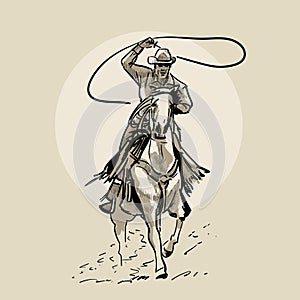 American cowboy riding horse and throwing lasso. Hand drawn illustration. Hand sketch. Illustration.