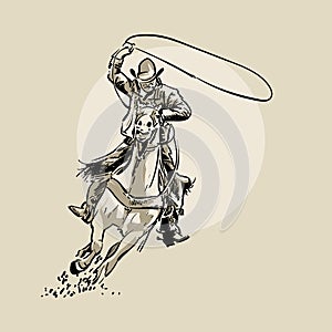 American cowboy riding horse and throwing lasso. Hand drawn vector illustration. Hand sketch.