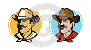 American cowboy, sheriff logo or label. Farmer, grower, farm icon. Cartoon vector illustration