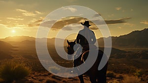 American cowboy sitting on horseback at sunset illustration.