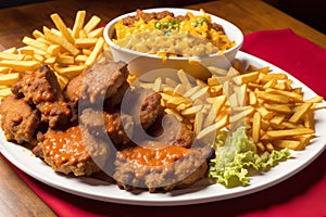 American cuisine. Cheese burger,American cheeseburger with Golden French fries on wooden background. Generative AI