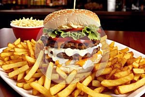 American cuisine. Cheese burger,American cheeseburger with Golden French fries on wooden background. Generative AI