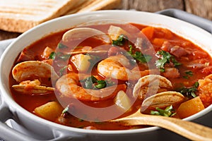 American cuisine: Manhattan chowder soup macro. horizontal