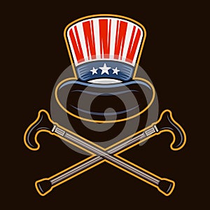 American cylinder hat and crossed canes vector illustration in colored style on dark background