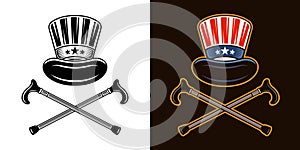 American cylinder hat and crossed canes vector illustration in two styles black on white and colorful on dark background