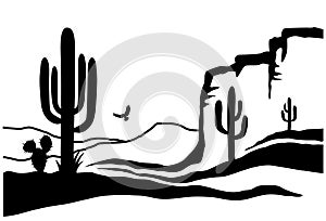 American Desert with cactuses. Vector Black silhouette of Arizona Desert Graphic illustration