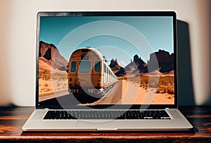 American Desert travel banner on laptop for online website with copy space, Generative AI