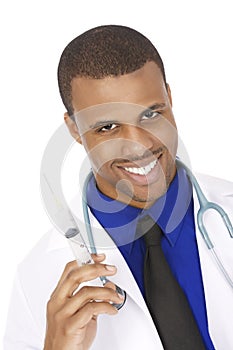 American doctor holding a large syringe and looking evil