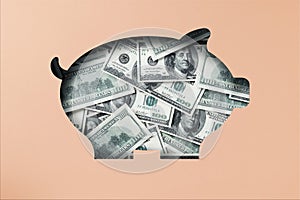 American dollar banknotes heap under pink paper cutout piggy bank icon