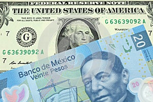 American dollar bill with a twenty peso note from Mexico