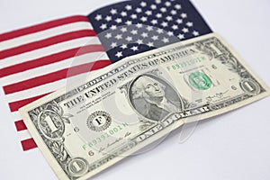 1 american dollar bill with united states flag .