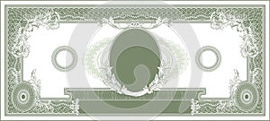 American dollar style banknote blank with a portrait in the middle green