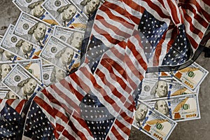 american dollars bills on USA flag background