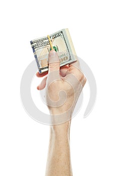 American dollars cash money in male hand isolated on white background. Many US Dollars 100 banknote