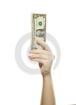 American dollars cash money in male hand isolated on white background. US Dollars 100 banknote