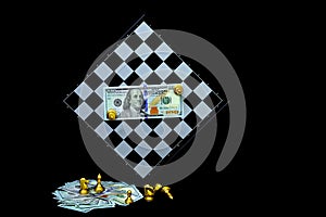 American dollars on chess board with pieces background