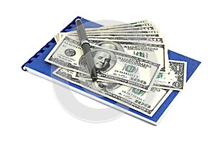 American dollars and classic black fountain pen on blue notebook on white background