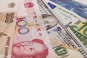 American dollars, European euro,Swiss franc,Chinese yuan and Russian Ruble bills