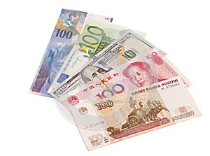 American dollars, European euro,Swiss franc,Chinese yuan and Russian Ruble bills