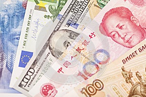 American dollars, European euro,Swiss franc,Chinese yuan and Russian Ruble bills