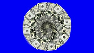 American Dollars In The Form Of A Blossoming Flower On Blue Screen.4K. Looped.