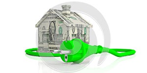 American dollars house and green electric power plug isolated on white background. 3d illustration