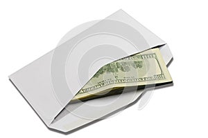 American dollars in open white postal envelope on white isolated background