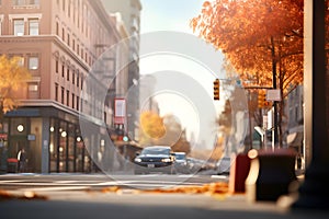 American downtown street view at autumn morning , neural network generated image