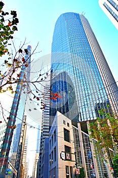 American dream Modern financial business district looking straight up at rising towers and blue modern skyscraper in downtown