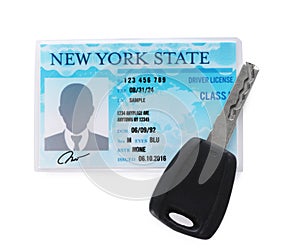 American driving license and car key on white background