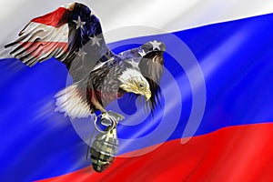 An American eagle flies with a grenade against the background of the Russian flag. Stop the war between Russia and Ukraine.