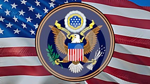 American eagle.  Great Seal of the United States on USA flag. American presidential US Great seal, 3d rendering. American