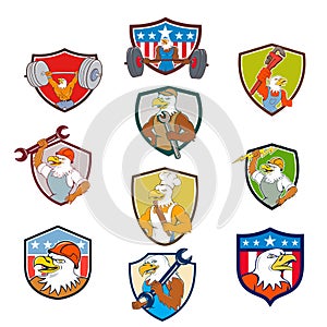 American Eagle Mascot Crest Cartoon Set