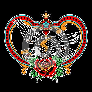 American eagle with rose drawing. T-shirts design in the style of a traditional tattoo.