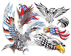 American eagle tattoo flash set. Set of labels and elements. Vector set illustration template tattoo.