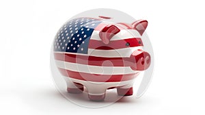 The American economy, the concept of budget, savings and investments. Piggy bank and the US Flag as a symbol of wealth