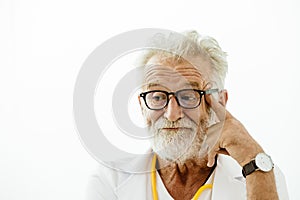 American elder gray hair stupid doctor boring nervous expression or sleepy eyes thinking mood